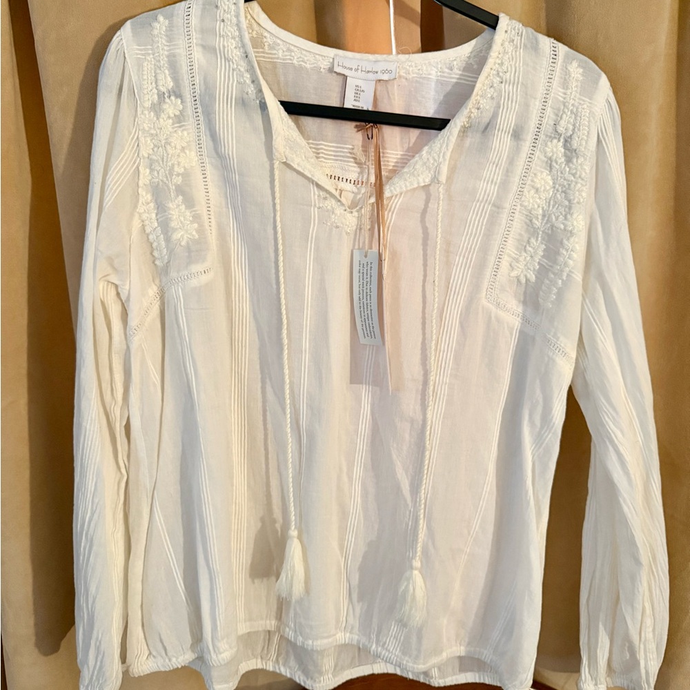 House of Harlow 1960 ivory cotton tassel peasant boho blouse